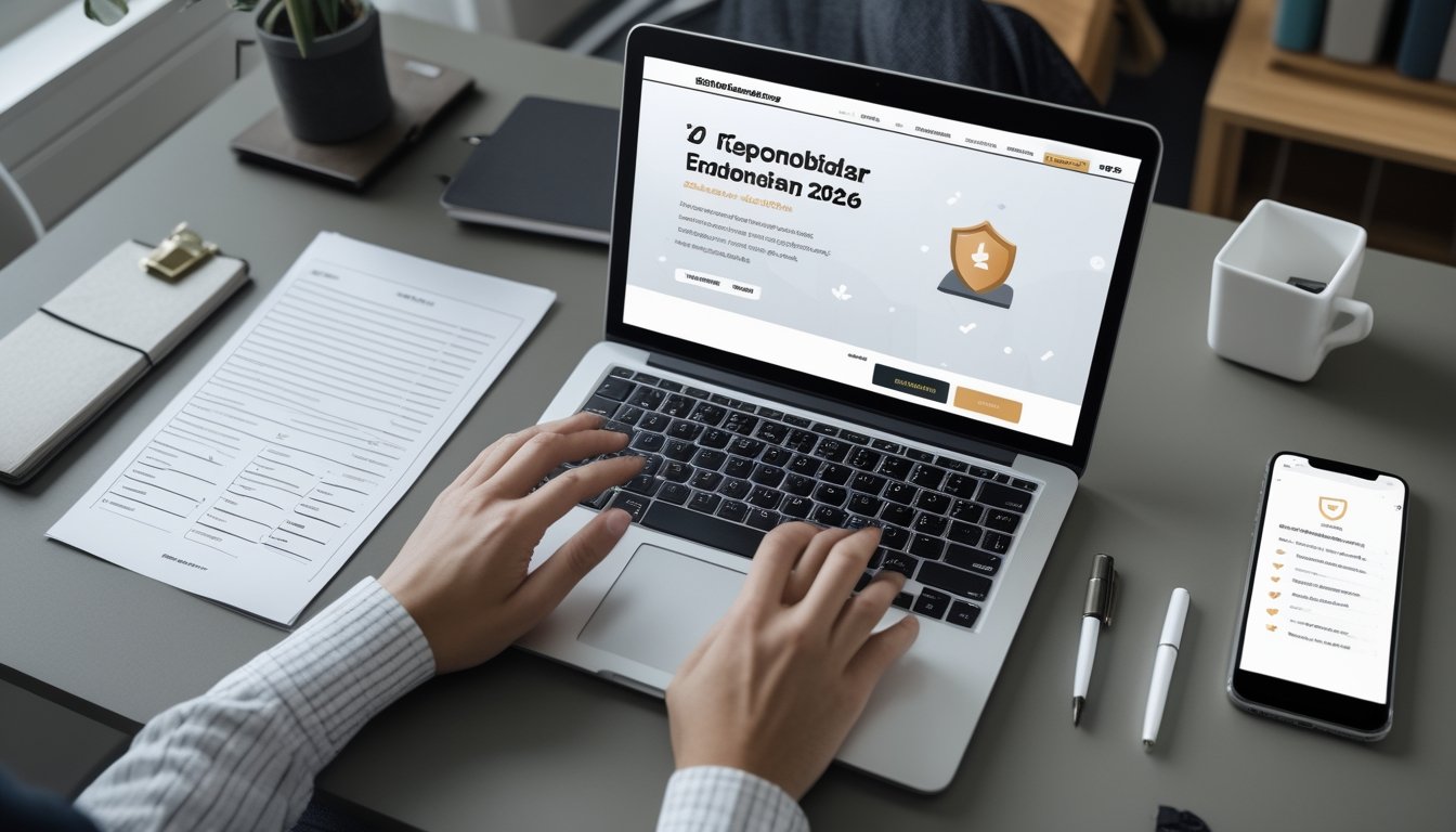 Seorang konsumen memeriksa situs dan dompet digital di laptop dan ponsel.