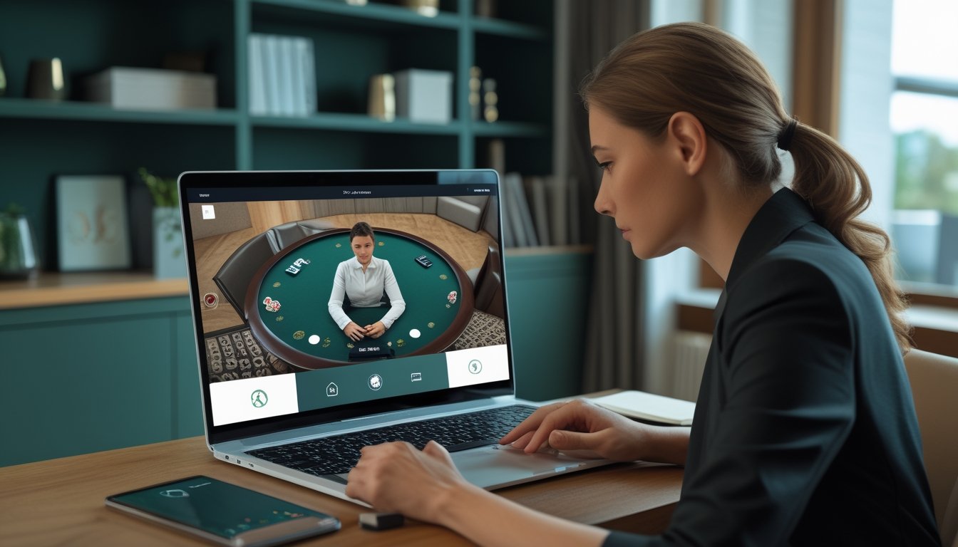 Seseorang memeriksa laptop yang menampilkan dealer baccarat daring.