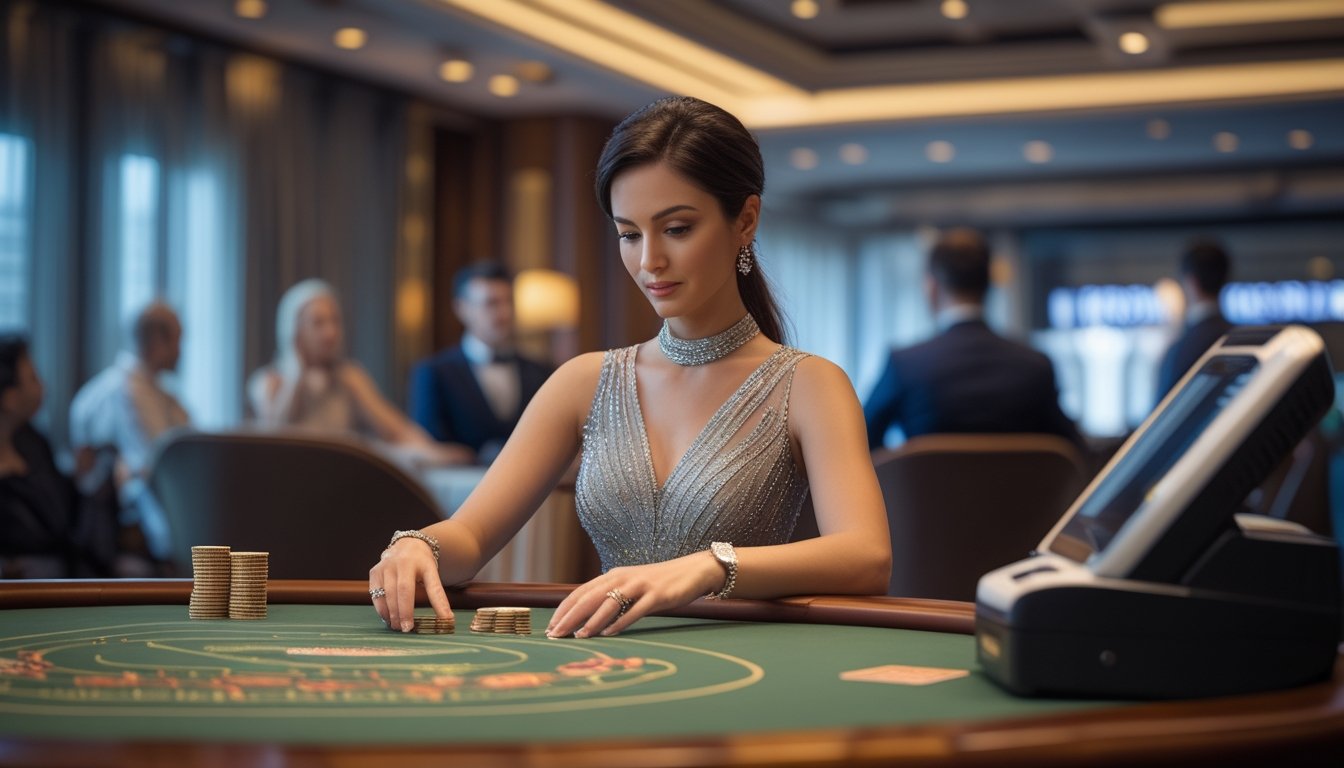Seorang perempuan bermain baccarat di meja bersama seorang dealer.