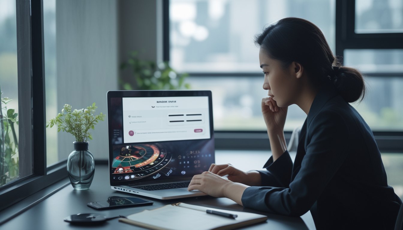 Seseorang memeriksa informasi platform baccarat daring melalui laptop dan ponsel.