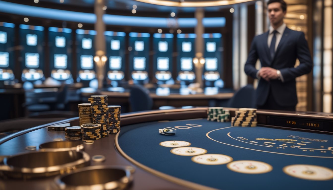 Seorang dealer berdiri di samping meja baccarat dengan kartu dan keping taruhan, sementara rak server tampak di latar belakang.