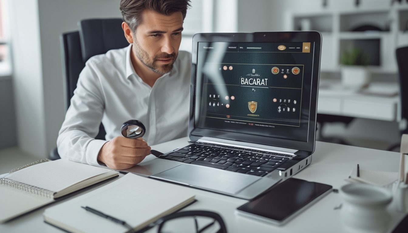 Seseorang memeriksa situs baccarat di laptop dengan kaca pembesar dan catatan di meja.