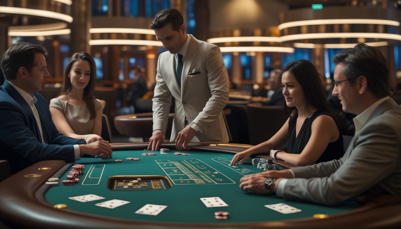 Dealer dan pemain dewasa berkumpul di meja baccarat dengan kartu dan keping taruhan.