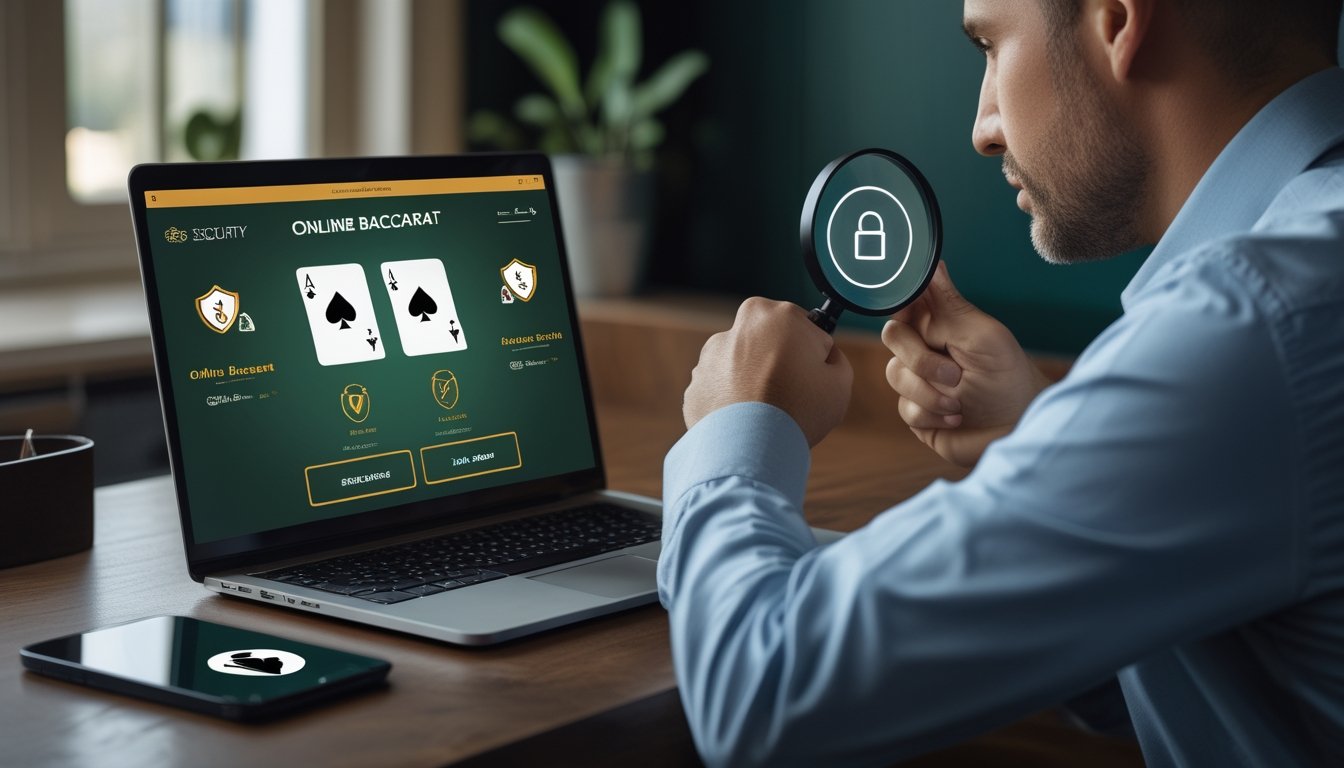 Seseorang memeriksa situs baccarat di laptop dengan ikon perisai dan gembok.