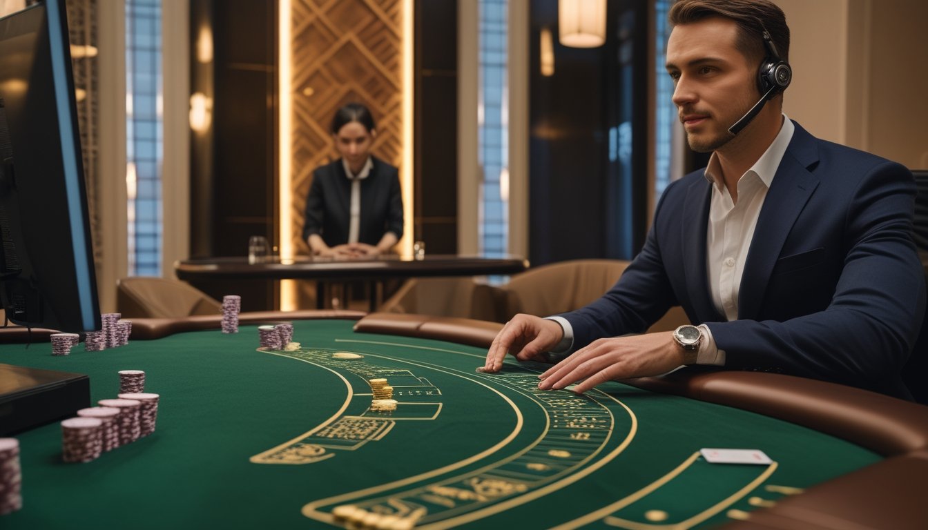 Seorang dealer dan tamu di meja baccarat, dengan petugas layanan pelanggan di dekatnya.