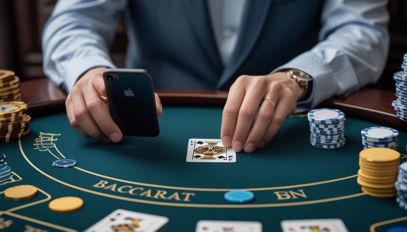 Seseorang menggunakan ponsel di samping meja baccarat dengan kartu dan keping permainan.