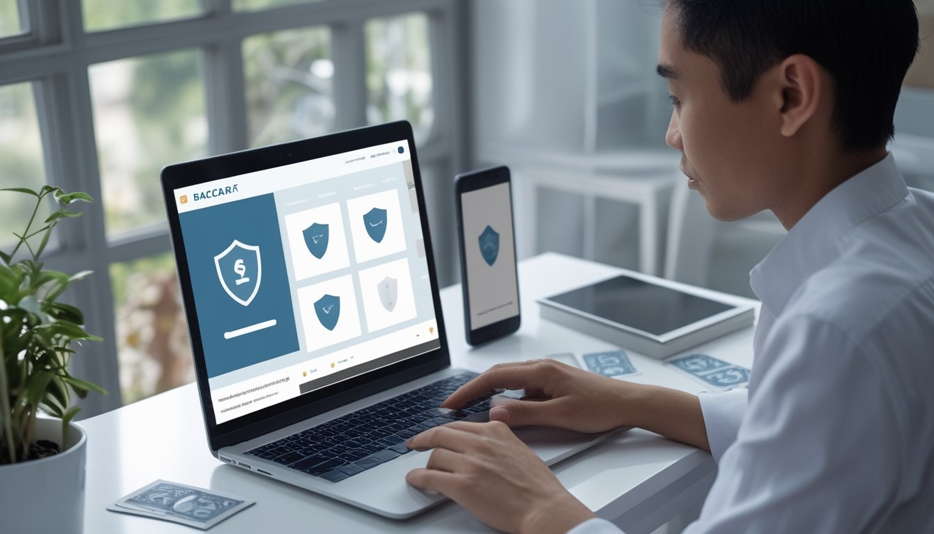 Seseorang memeriksa situs baccarat di laptop dengan simbol keamanan di layar.