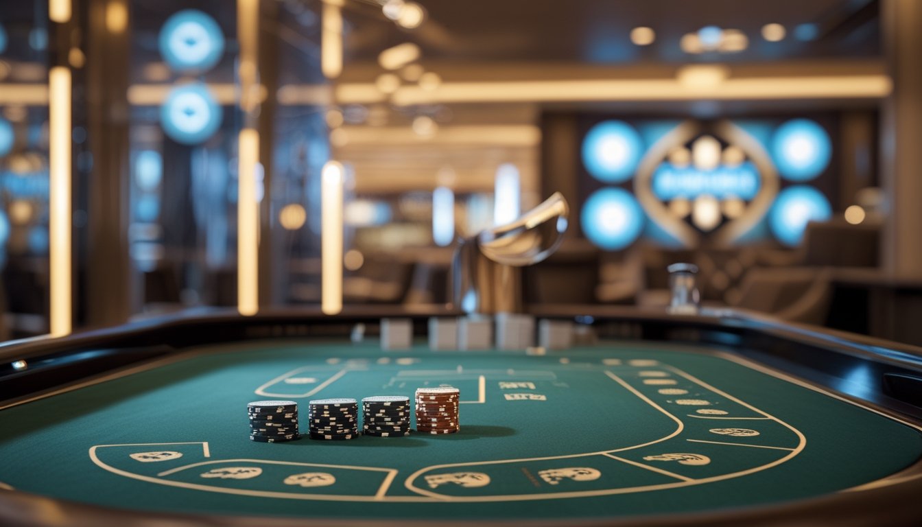 Meja baccarat dengan kartu dan beberapa keping kasino di dalam ruangan yang elegan.
