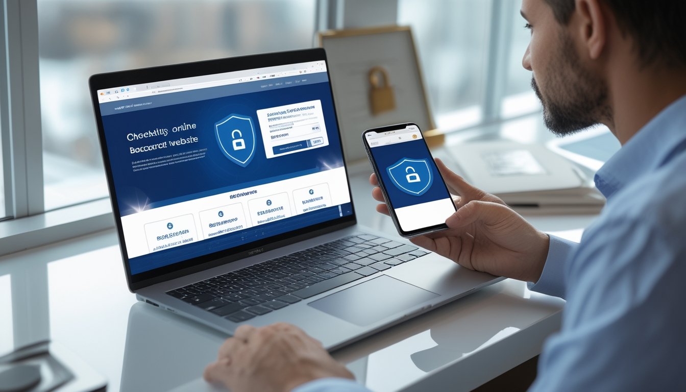 Seseorang memeriksa situs baccarat daring di laptop dengan simbol keamanan dan sertifikat lisensi di dekatnya.