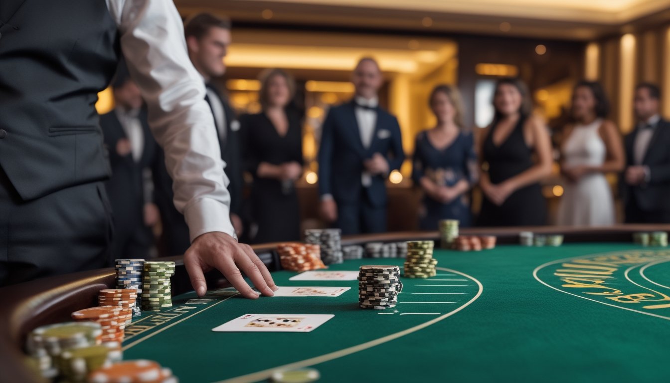 Meja baccarat dengan kartu dan tumpukan chip di kasino yang elegan.