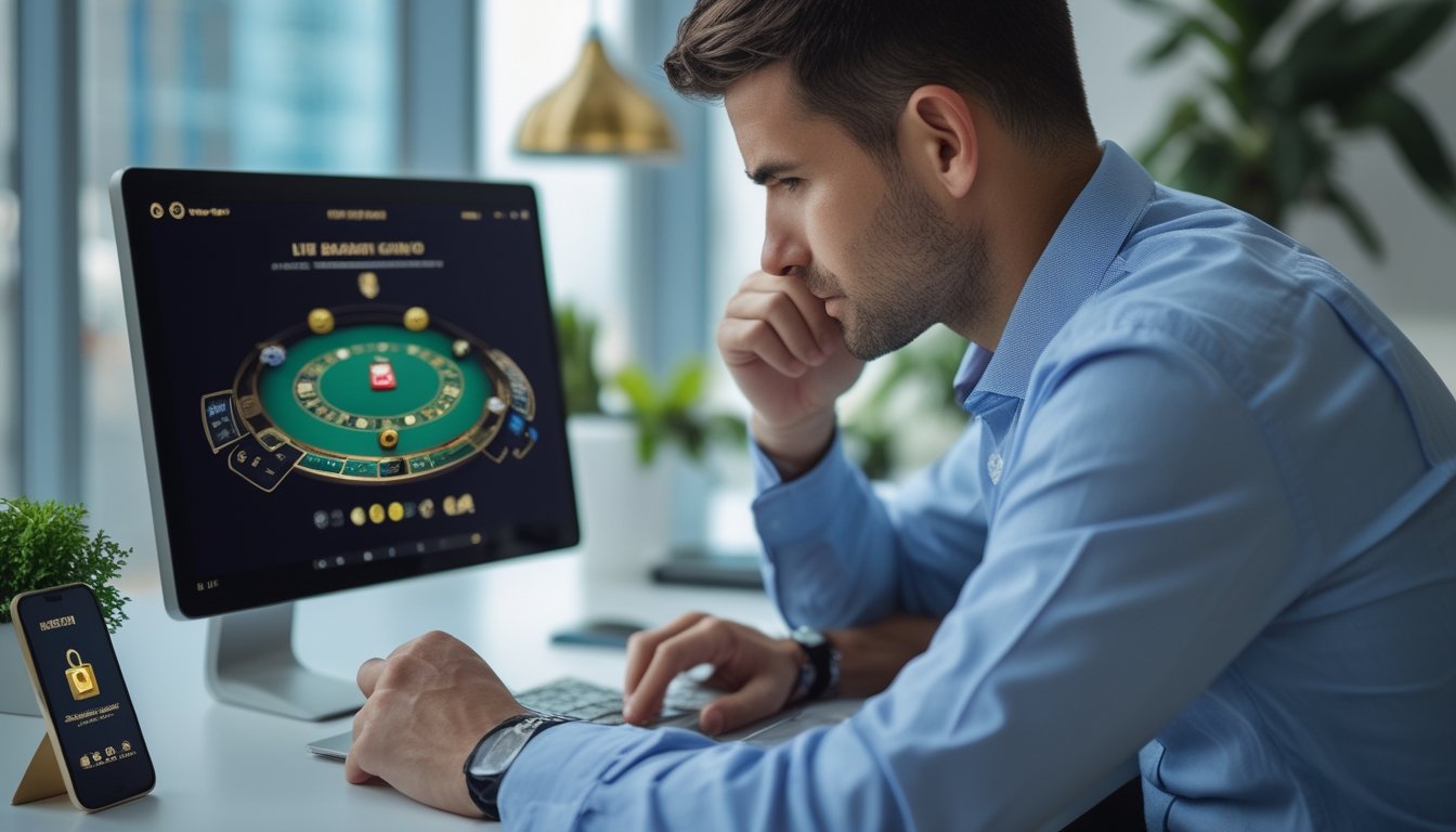 Seseorang memeriksa situs kasino baccarat daring melalui laptop dengan simbol keamanan.