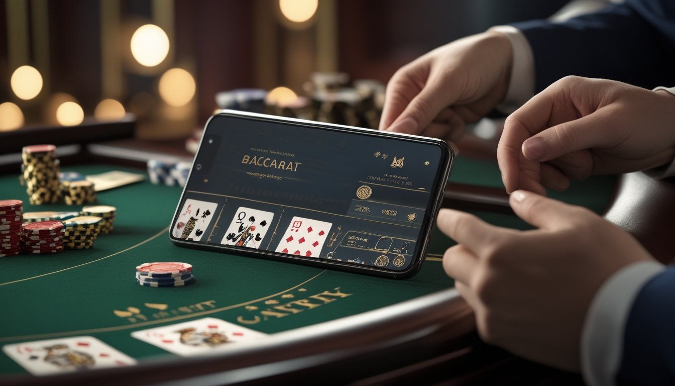 Seseorang menggunakan ponsel yang menampilkan permainan baccarat dengan kartu dan keping taruhan.