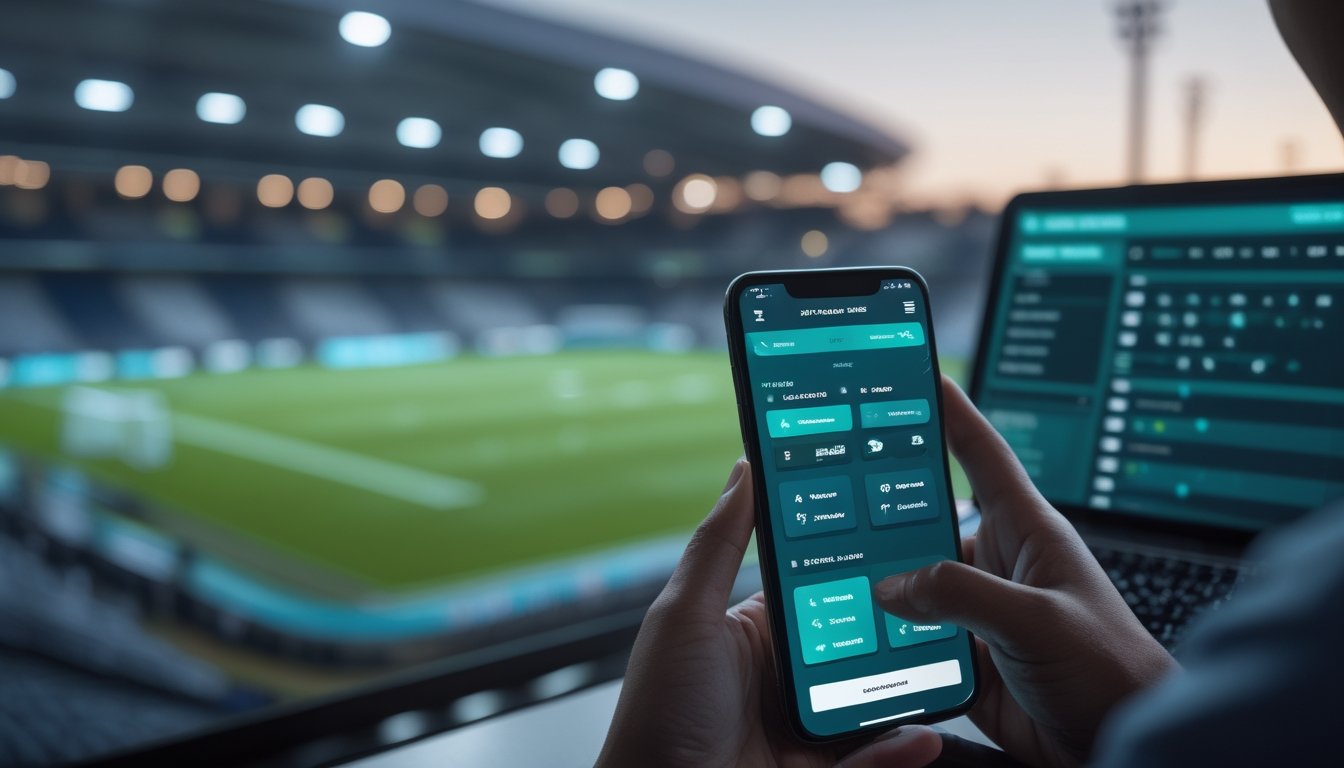 Seseorang menggunakan ponsel untuk melihat pilihan pertandingan sepak bola di stadion.