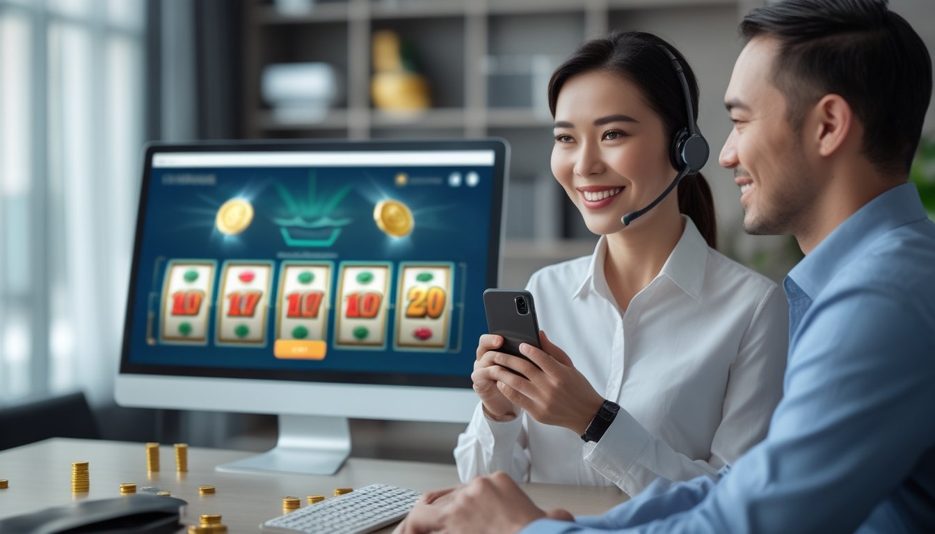 Seorang agen layanan pelanggan menggunakan headset sambil memegang ponsel di kantor.