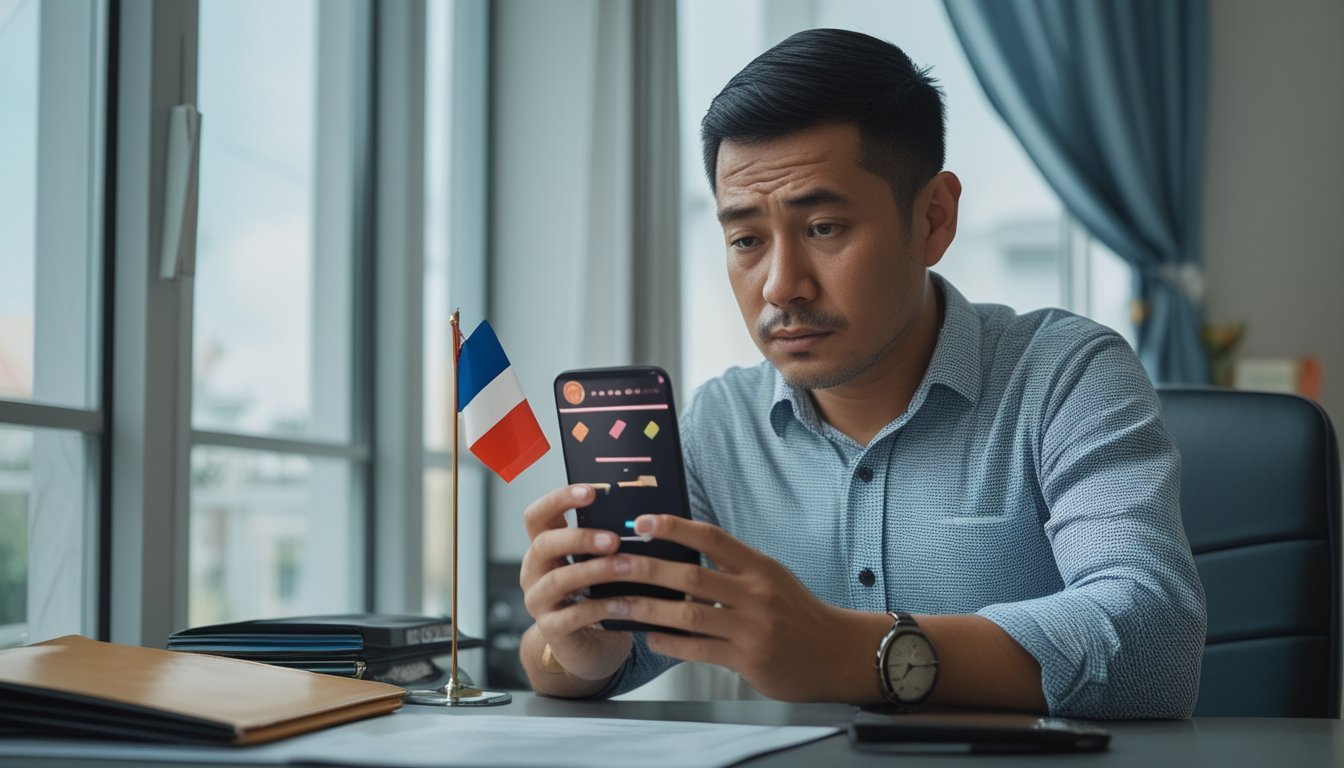 Seorang dewasa melihat ponsel dengan tampilan permainan slot abstrak di samping map hukum dan bendera Indonesia.