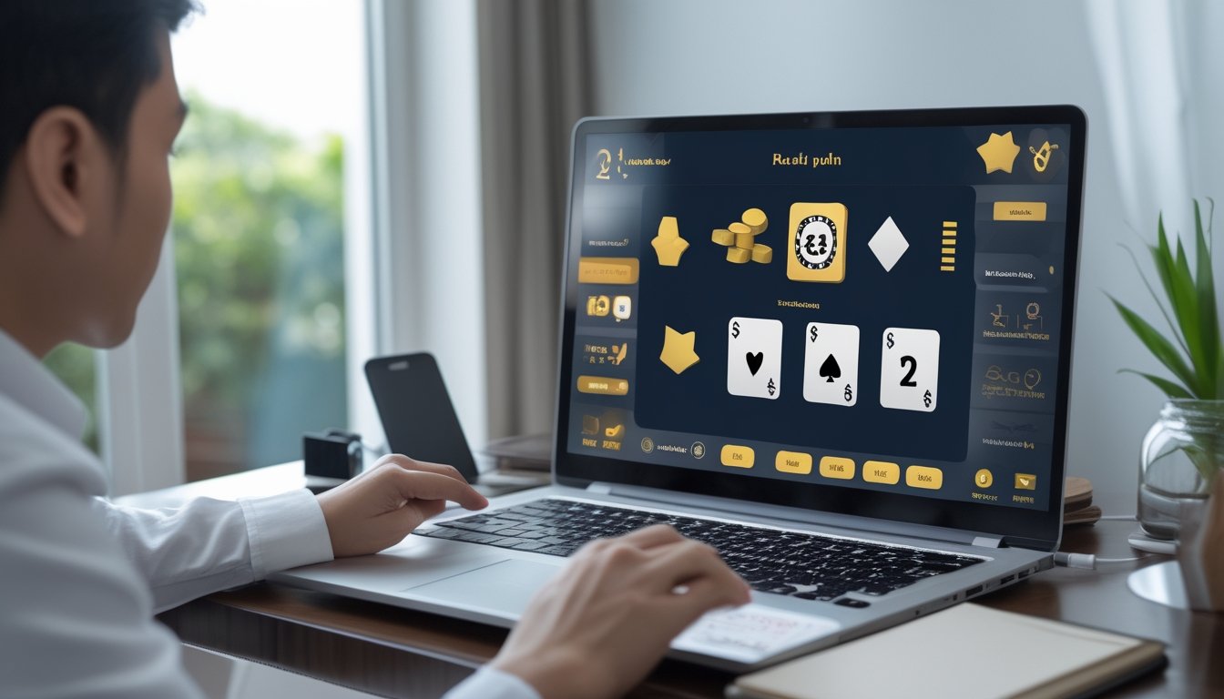 Seorang pemula menggunakan laptop dengan tampilan permainan kartu dan dadu di meja.