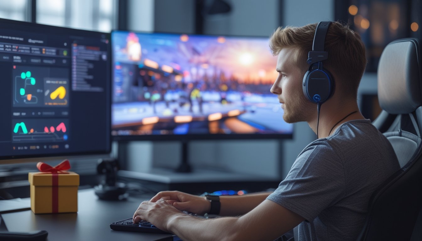 Seorang penggemar esports dewasa menonton pertandingan di monitor dengan ponsel dan kotak hadiah di meja.