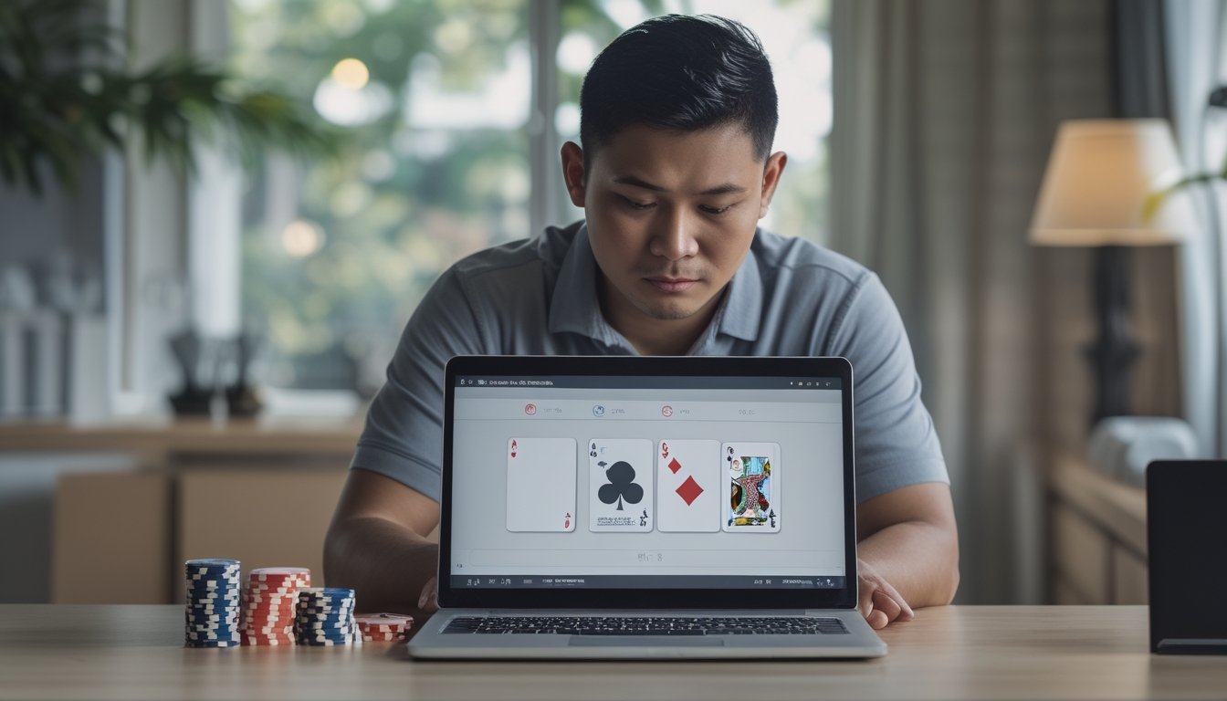 Seorang pria duduk di meja rumah sambil melihat permainan poker di laptop.