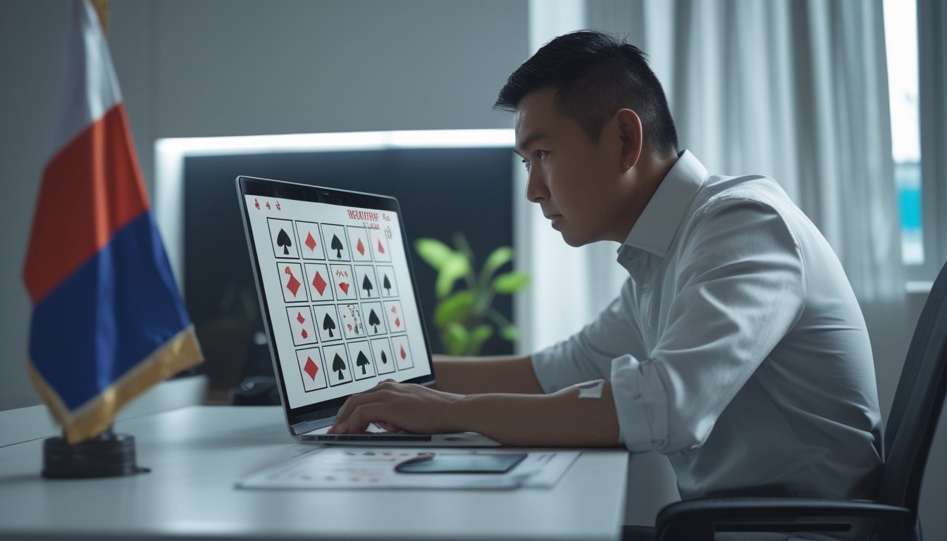 Seorang warga Indonesia melihat tampilan poker online di laptop dengan ekspresi khawatir.