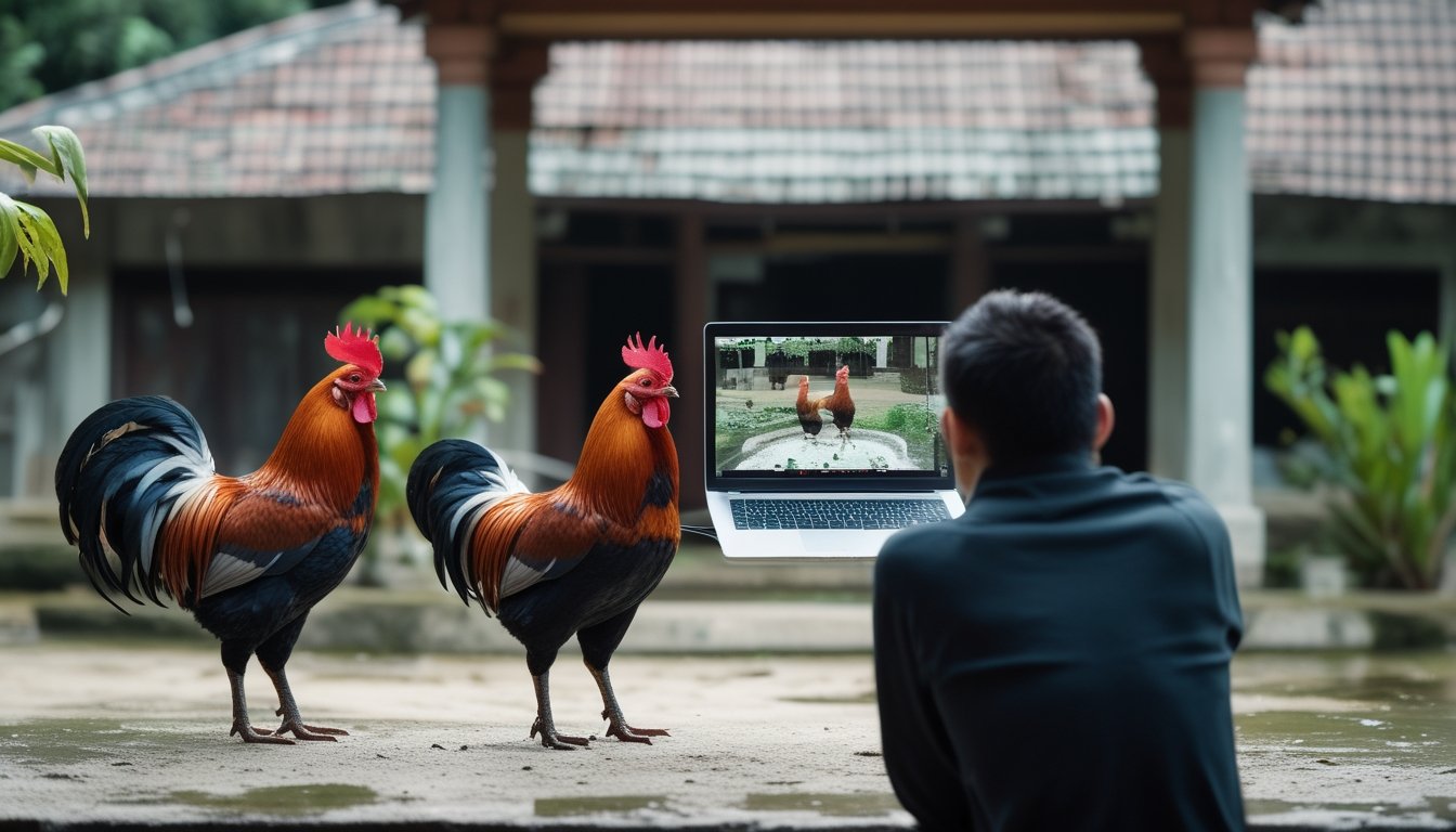 Seseorang menonton siaran langsung ayam jantan yang berdiri tenang di halaman.