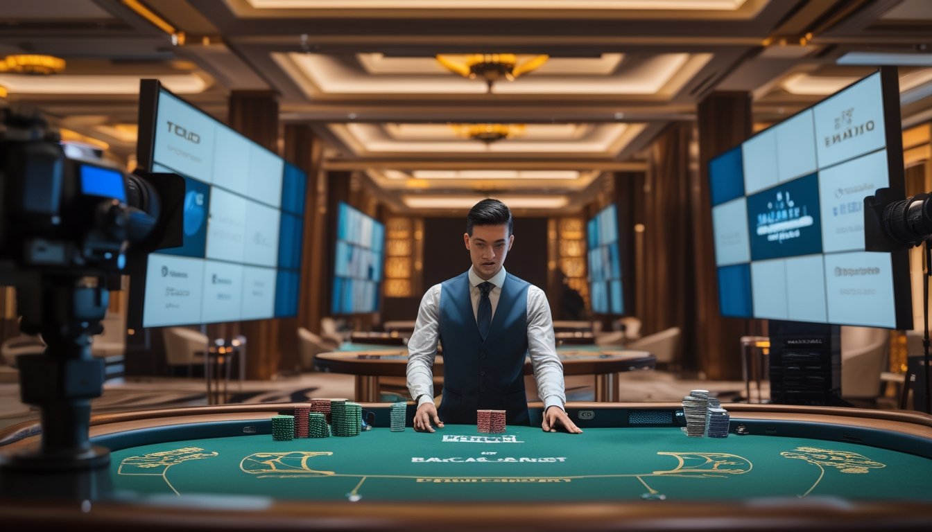Dealer membagikan kartu baccarat di sebuah kasino dengan beberapa meja permainan.