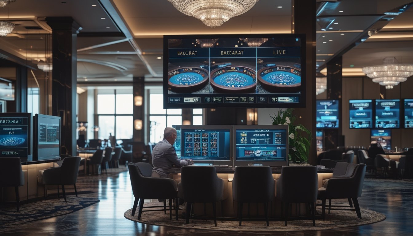 Seorang tamu duduk santai di lounge kasino sambil menyaksikan beberapa meja baccarat melalui layar.
