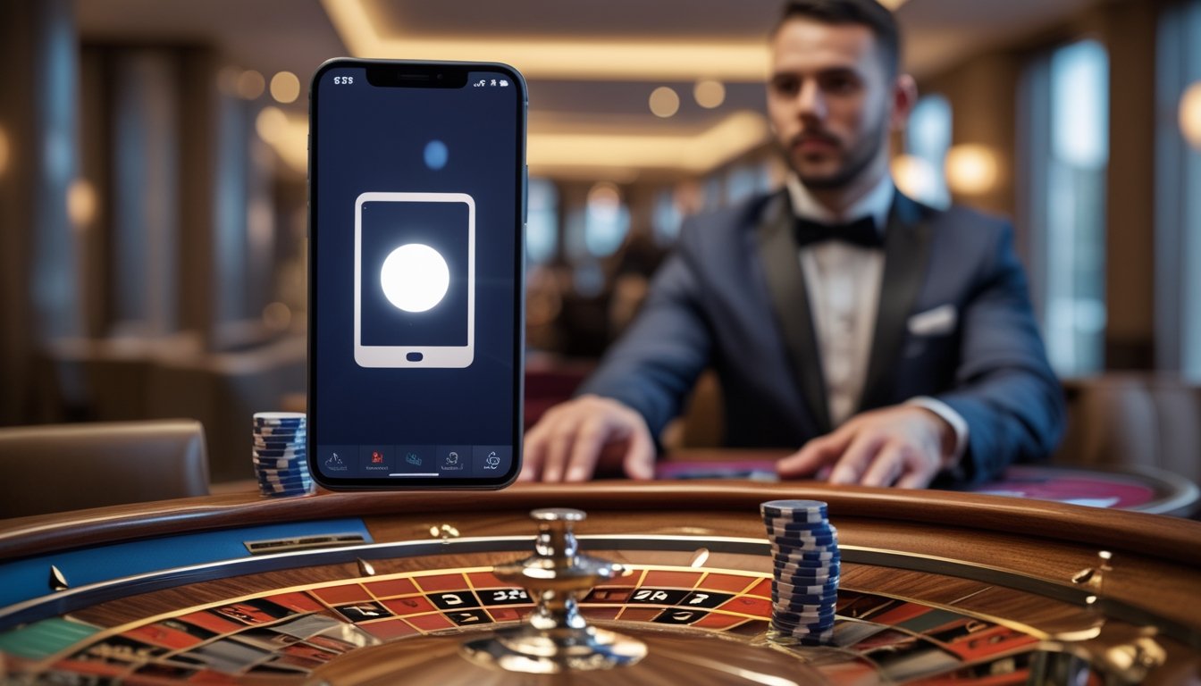 Seorang bandar berdiri di meja roulette di ruang permainan modern.
