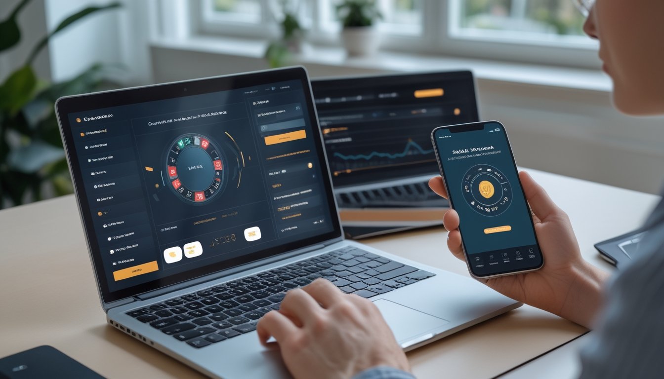 Seseorang memeriksa platform kasino online melalui laptop dan ponsel di meja kerja.