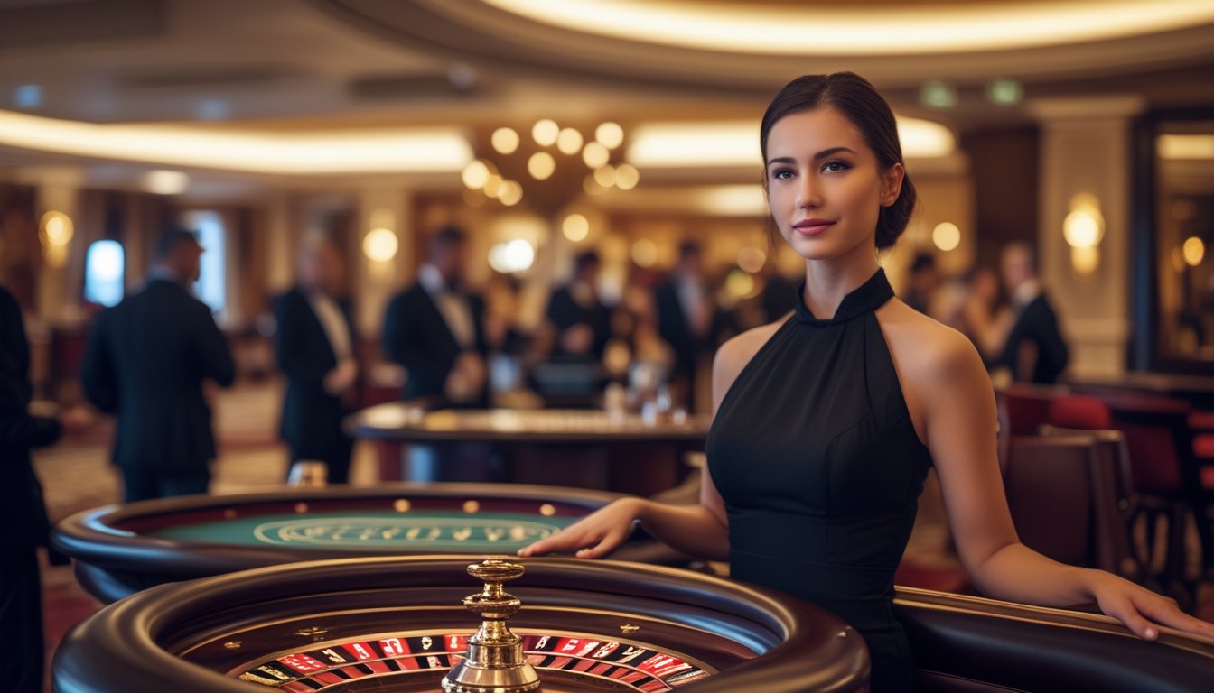 Seorang bandar berdiri di meja roulette di dalam kasino, dengan beberapa pengunjung di latar belakang.