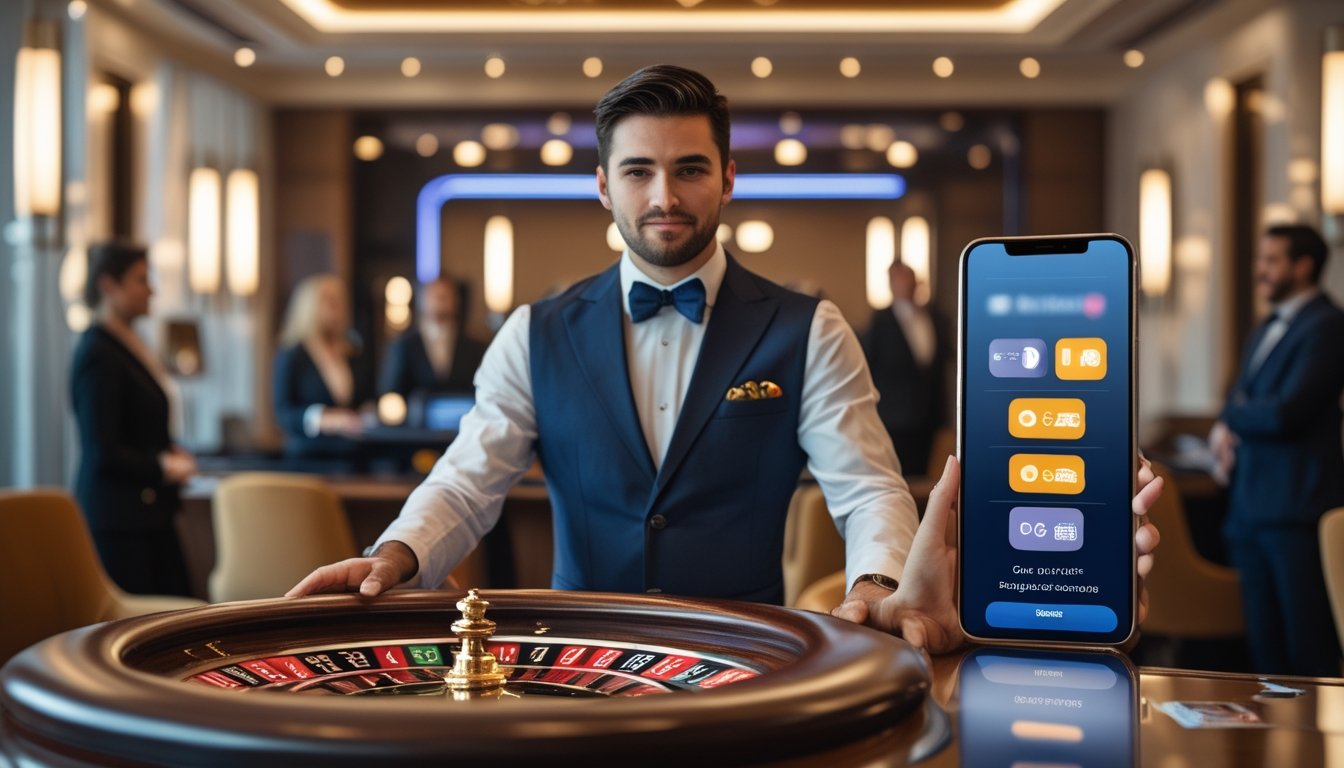 Seorang pembawa acara berdiri di dekat meja roulette, dengan ponsel dan tamu kasino di sekitarnya.