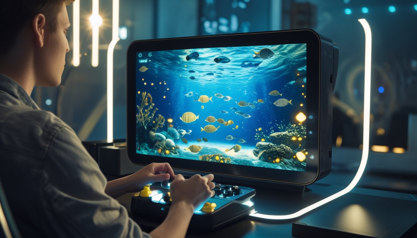 Seseorang bermain permainan memancing ikan di layar dengan suasana bawah laut berwarna-warni.