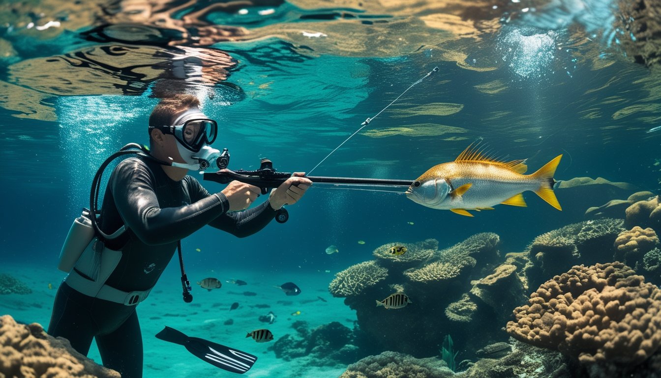 Seorang penyelam mengarahkan senapan ikan ke seekor ikan besar di perairan tropis.