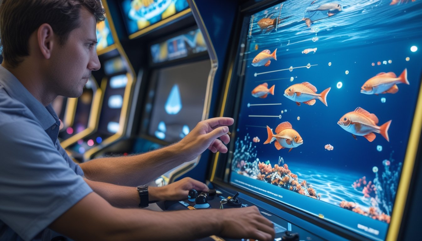 Seorang pemain mengamati ikan di layar permainan arkade sebelum membidik.