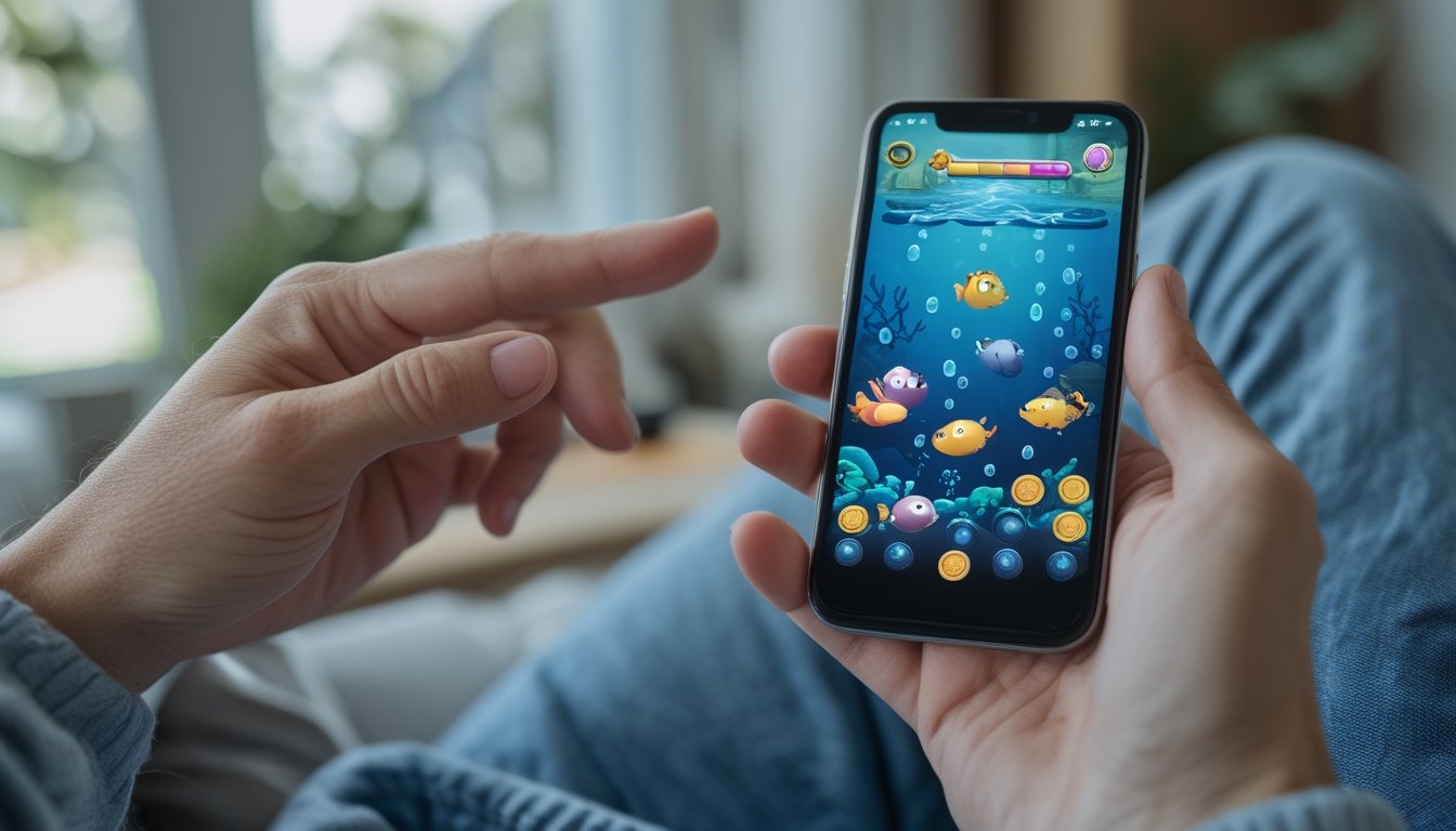 Seseorang bermain game ikan di ponsel di rumah.