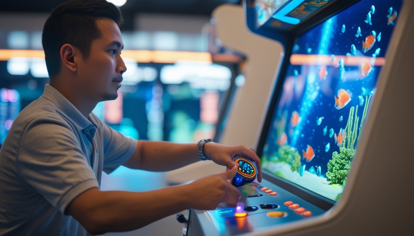 Seorang pria memainkan permainan tembak ikan di mesin arcade.