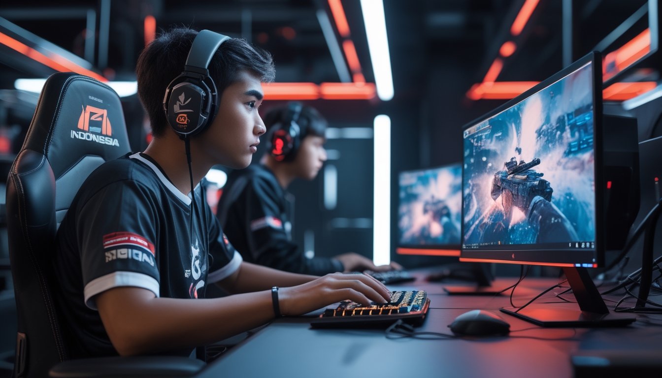 Seorang pemain esports Indonesia bermain di komputer dengan rekan satu tim di dekatnya.