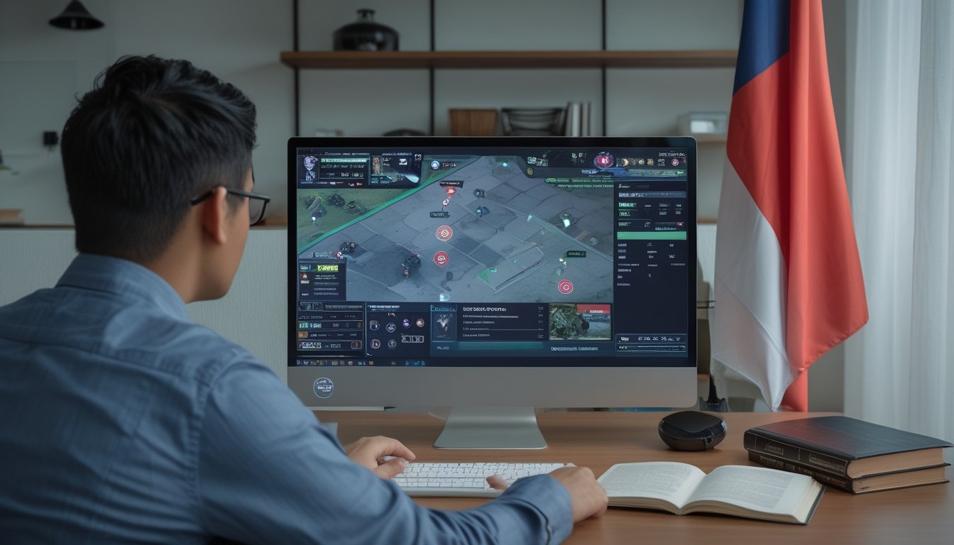 Seseorang melihat pertandingan esport di komputer dengan bendera Indonesia dan buku hukum di dekatnya.