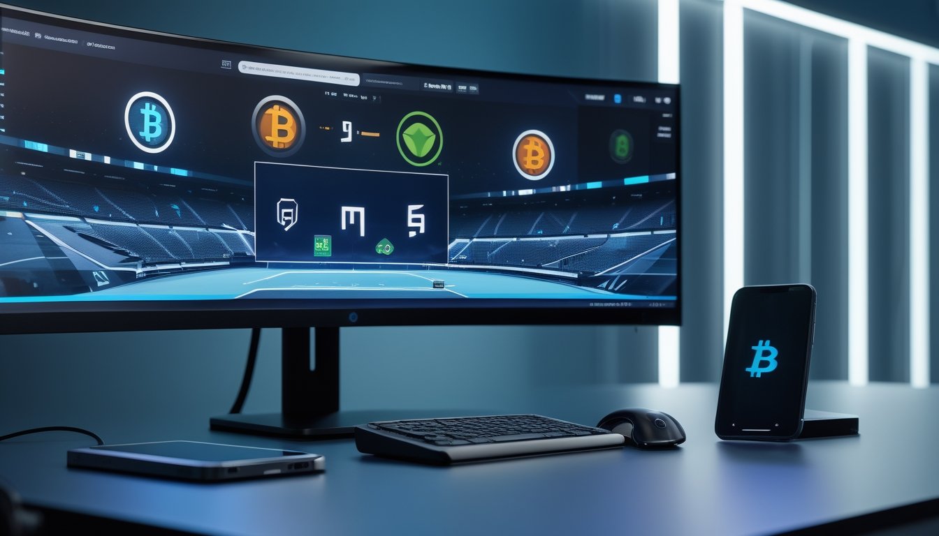 Monitor menampilkan pertandingan esport di samping ponsel dan dompet kripto.