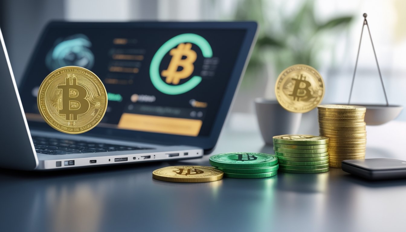 Laptop dengan tampilan permainan esports abstrak, dua koin kripto, dan tumpukan koin untuk membandingkan biaya deposit.