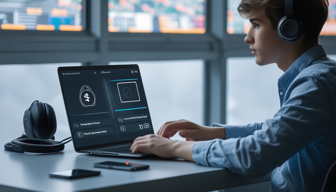 Seorang dewasa membandingkan pilihan esports di laptop dengan simbol keamanan di layar.
