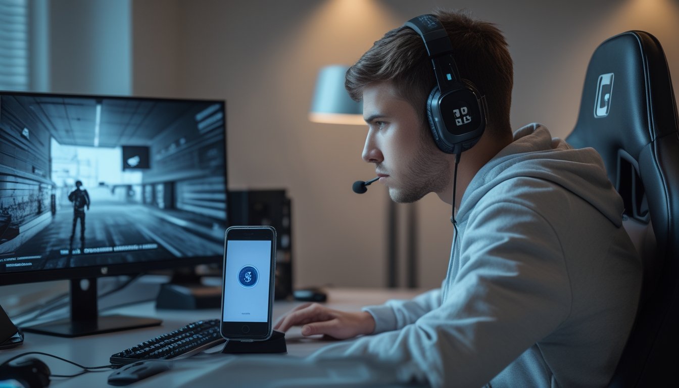 Seorang pemain esports melihat pertandingan di monitor sambil memegang ponsel di meja gaming.