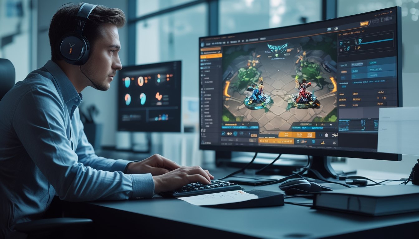 Seorang analis esports mengamati pertandingan gim fantasi di monitor sambil memeriksa grafik.