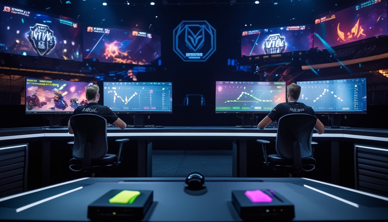 Dua tim esports bertanding DOTA 2 di arena, sementara seorang analis mengamati indikator perbandingan skor.