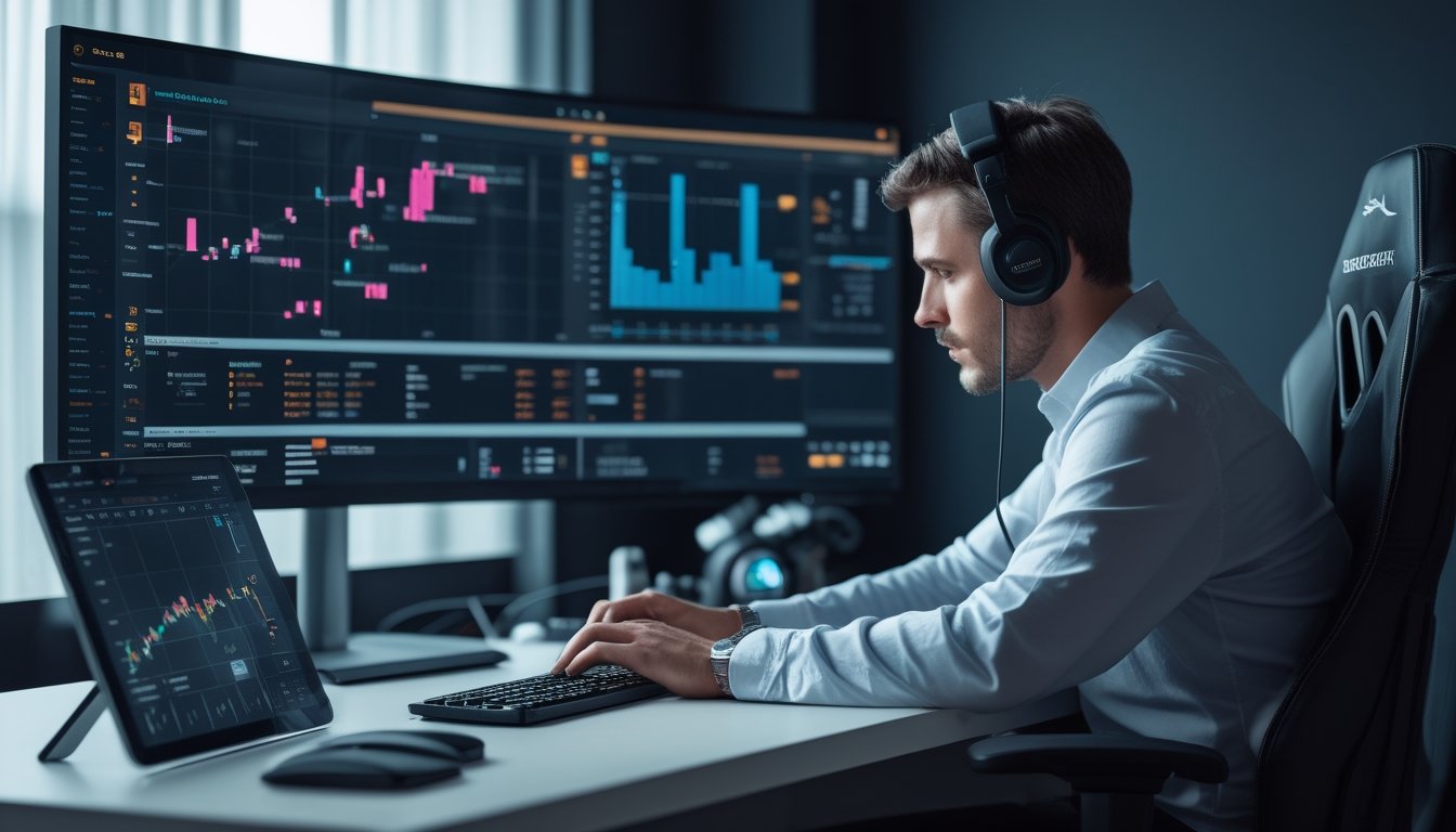 Seorang analis esports memeriksa pertandingan di monitor sebelum mengambil keputusan.