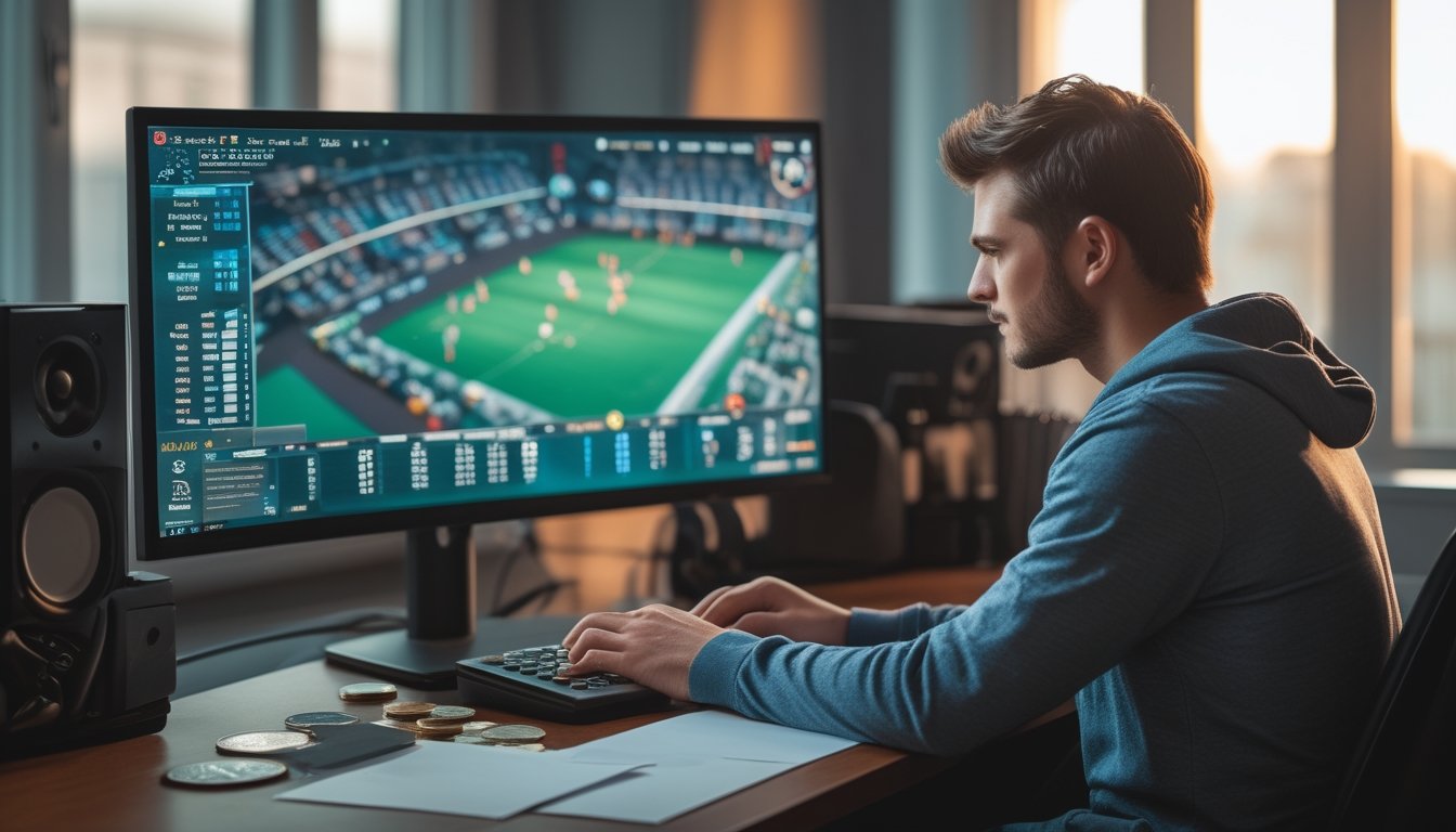Seseorang memperhatikan pertandingan esports sambil menghitung dengan kalkulator di meja.