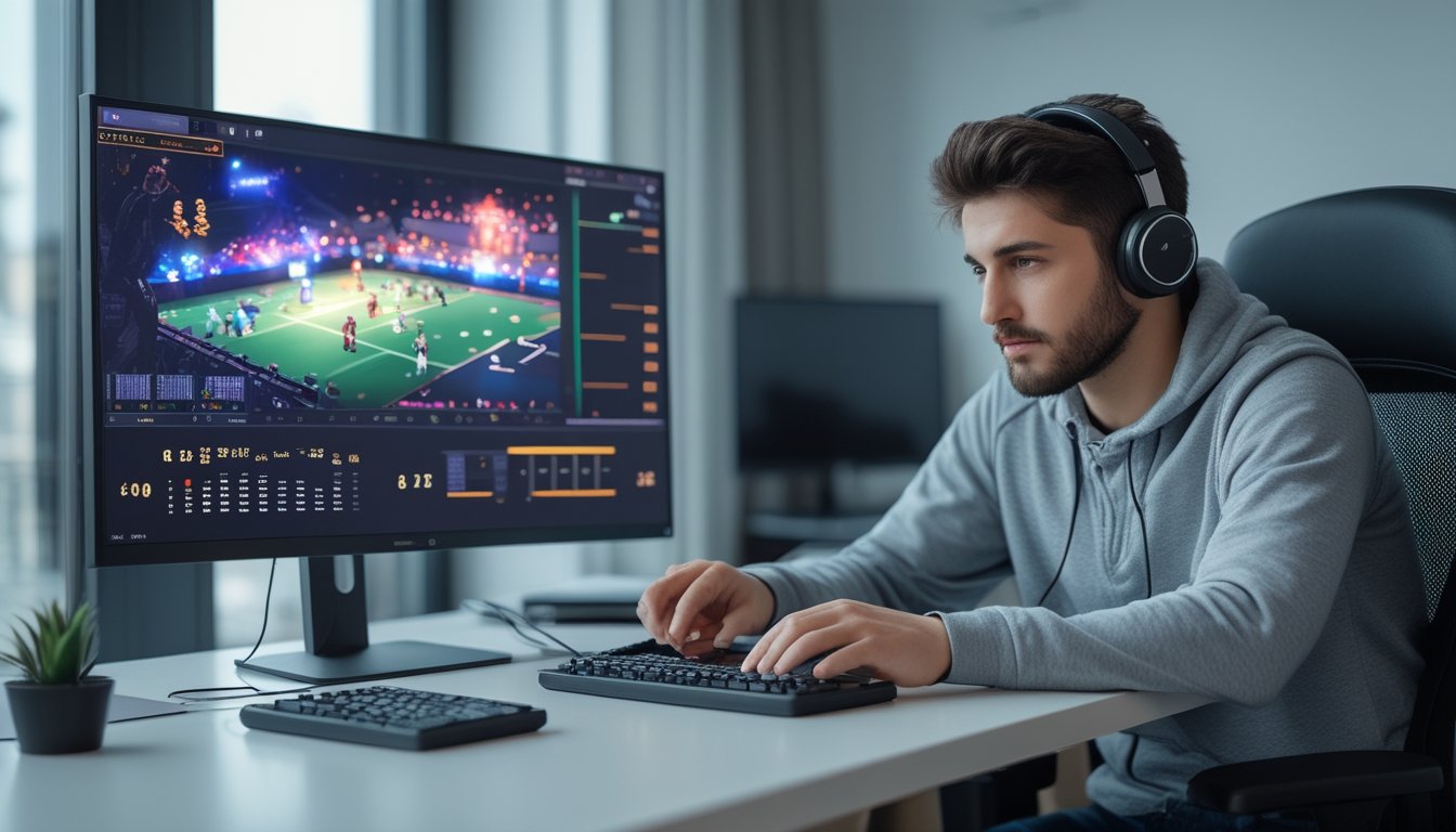 Seorang penggemar esports mempelajari pertandingan di monitor sambil menggunakan kalkulator dan buku catatan.