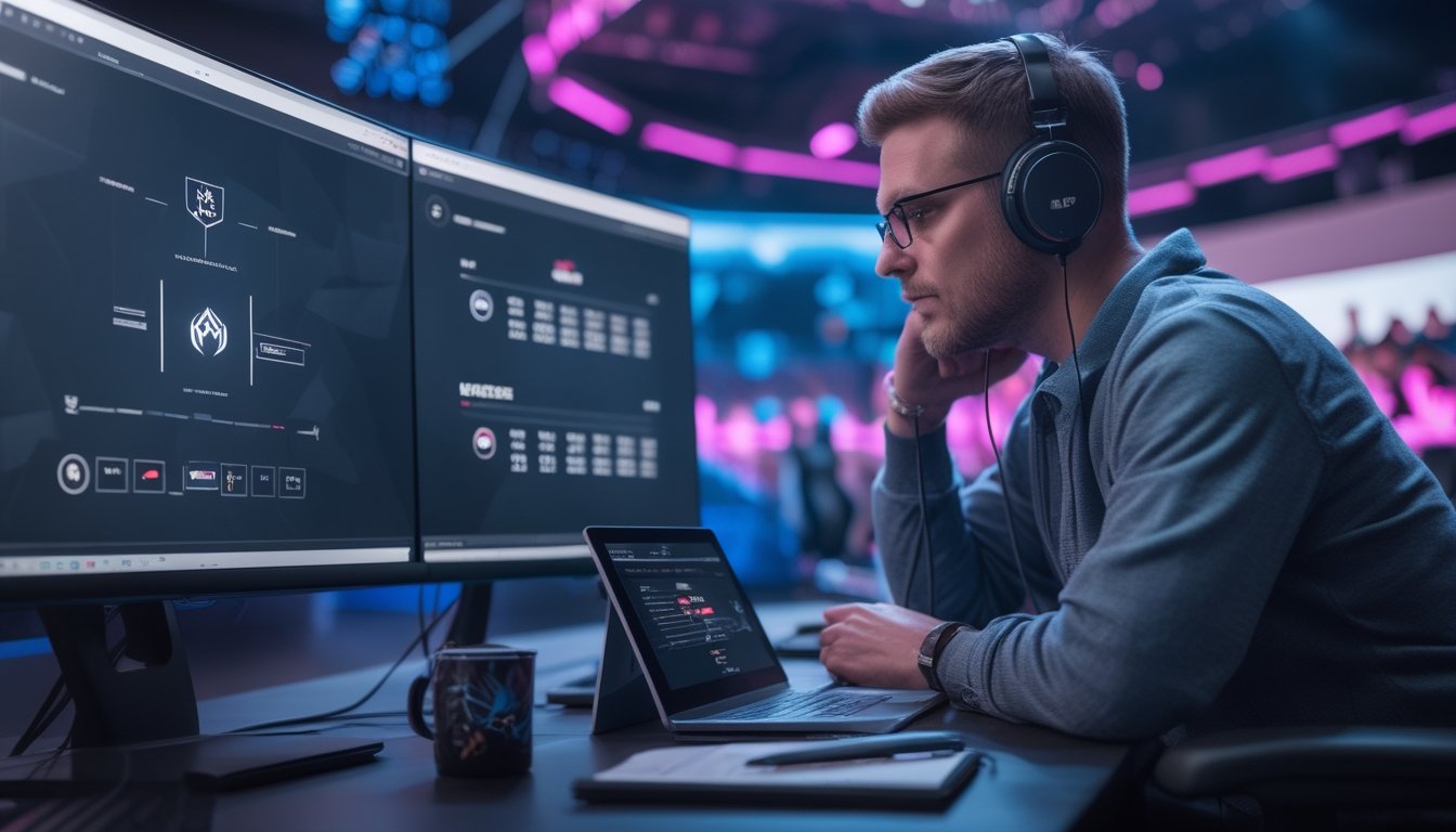 Seorang analis esports mempelajari statistik pertandingan di depan monitor, dengan piala turnamen dan arena gaming di latar belakang.