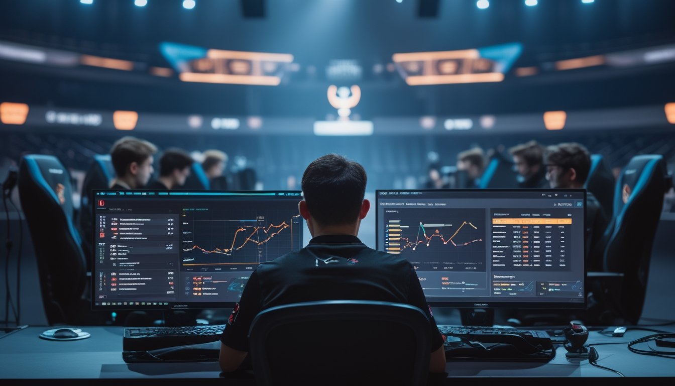 Tim esports bertanding di panggung turnamen sementara seorang analis meninjau statistik di laptop.