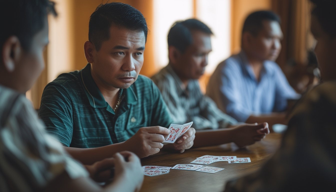 Seorang pemain memikirkan langkah berikutnya sambil memegang kartu bernilai rendah di meja permainan.