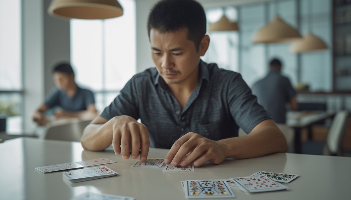 Seorang pemain memikirkan strategi sambil menata kartu di meja.